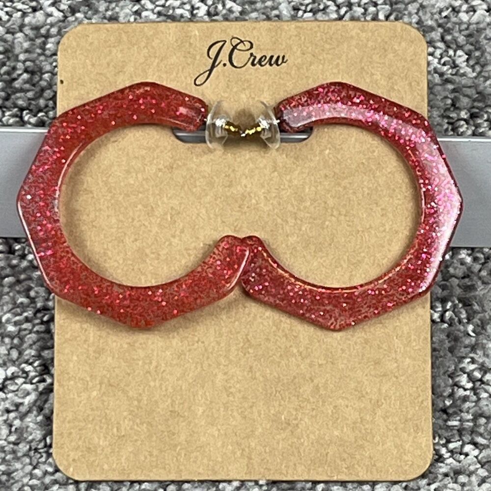 J Crew Octagon Hoop Earrings Red Glitter Resin Womens Jewelry Statement